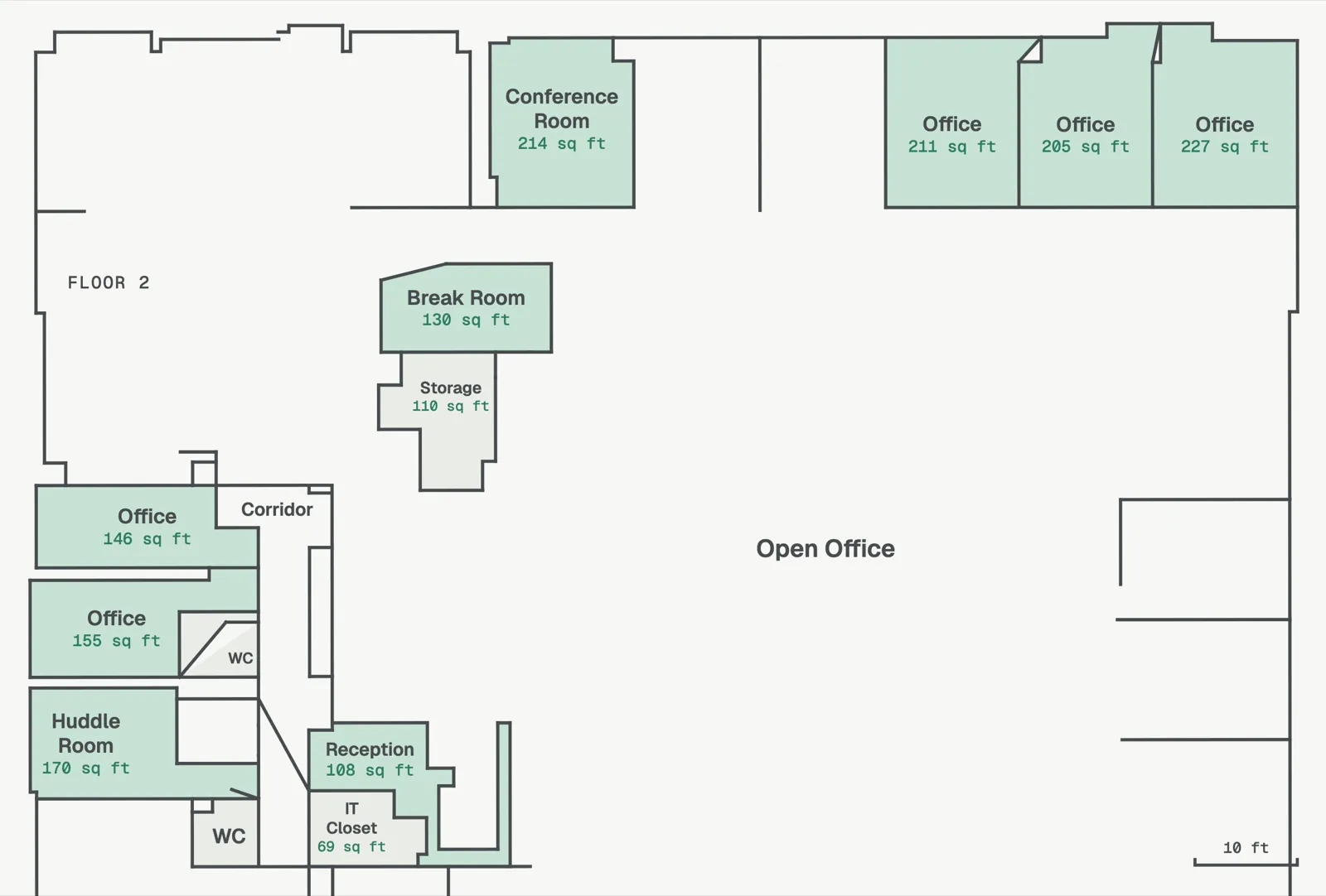 A floor plan drawn from a building scan, each room named with its area